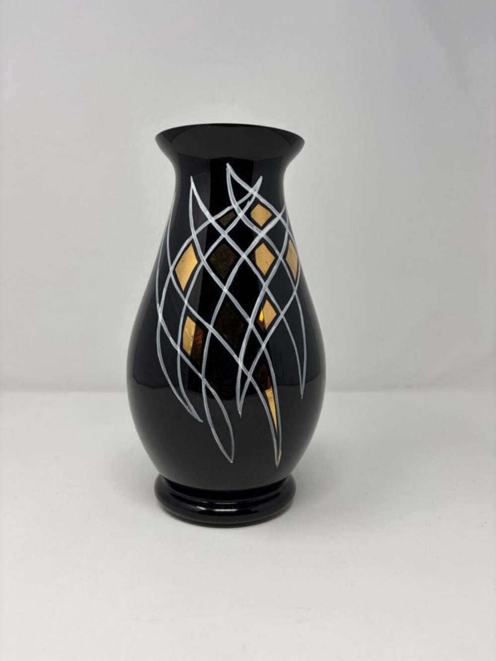 Bohemia Glass Black Art Glass Vase w/ Gold & Silver Design
